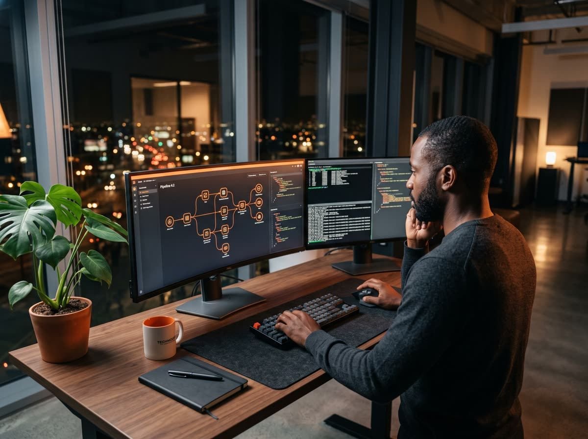 An automation engineer reviewing a node-based workflow pipeline on dual monitors