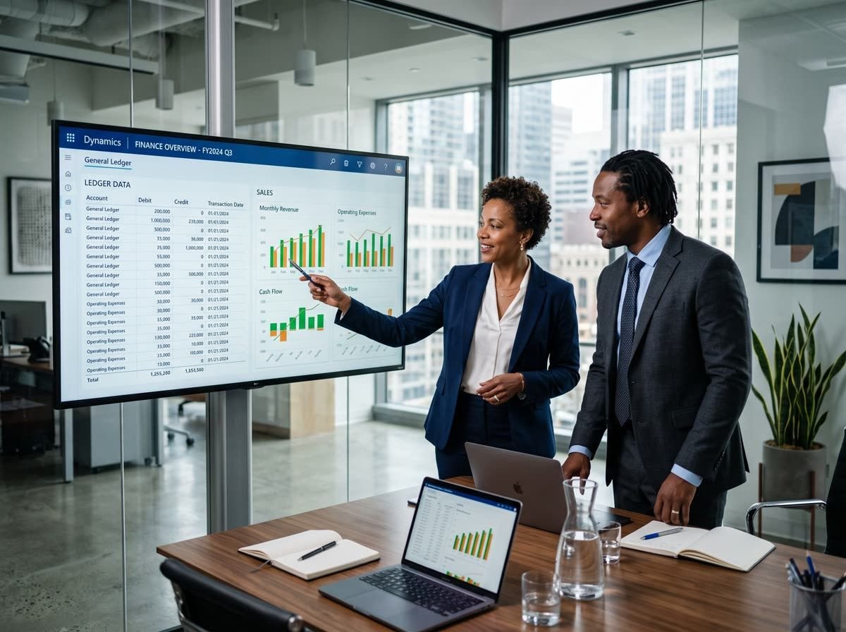 Two professionals reviewing an ERP dashboard in a glass-walled meeting room