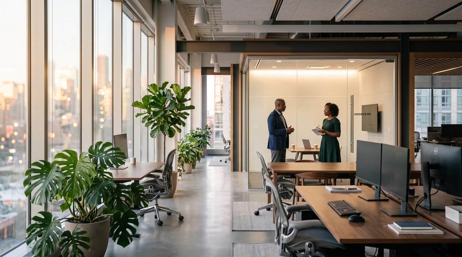 A calm modern office interior in early morning light